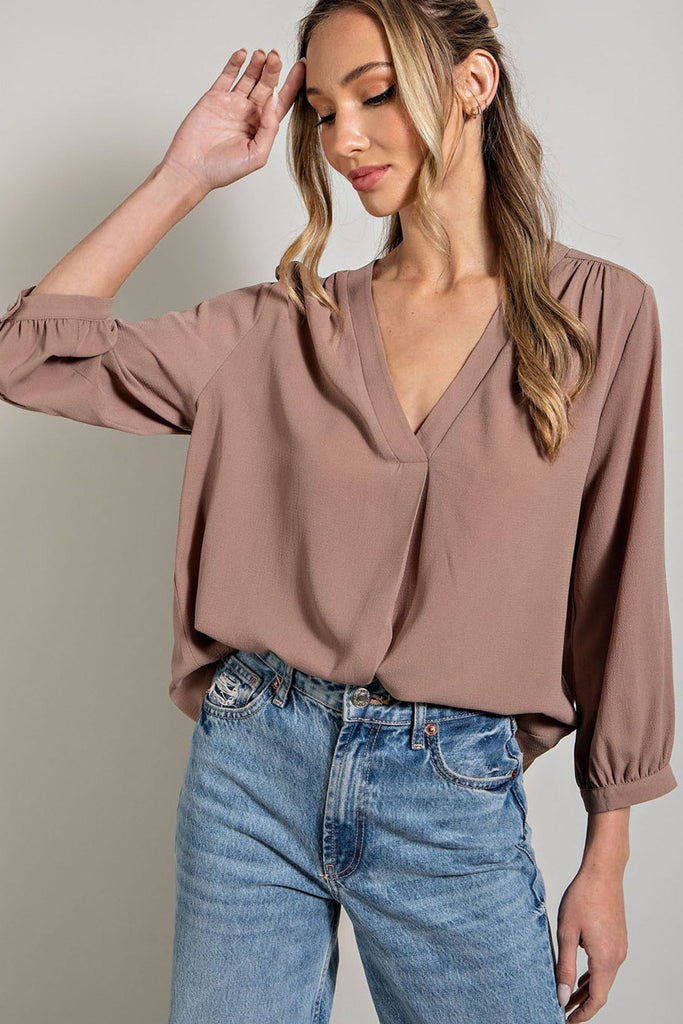 ee;some Long Sleeve V Neck Blouse In Coco-Long Sleeves-ee:some-Deja Nu Boutique, Women's Fashion Boutique in Lampasas, Texas