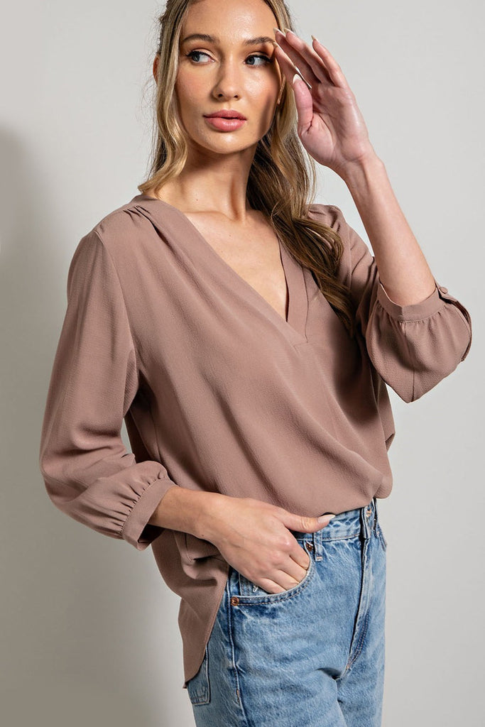 ee;some Long Sleeve V Neck Blouse In Coco-Long Sleeves-ee:some-Deja Nu Boutique, Women's Fashion Boutique in Lampasas, Texas