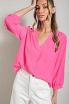 ee:some Long Sleeve V Neck Blouse In Hot Pink-Long Sleeves-ee:some-Deja Nu Boutique, Women's Fashion Boutique in Lampasas, Texas