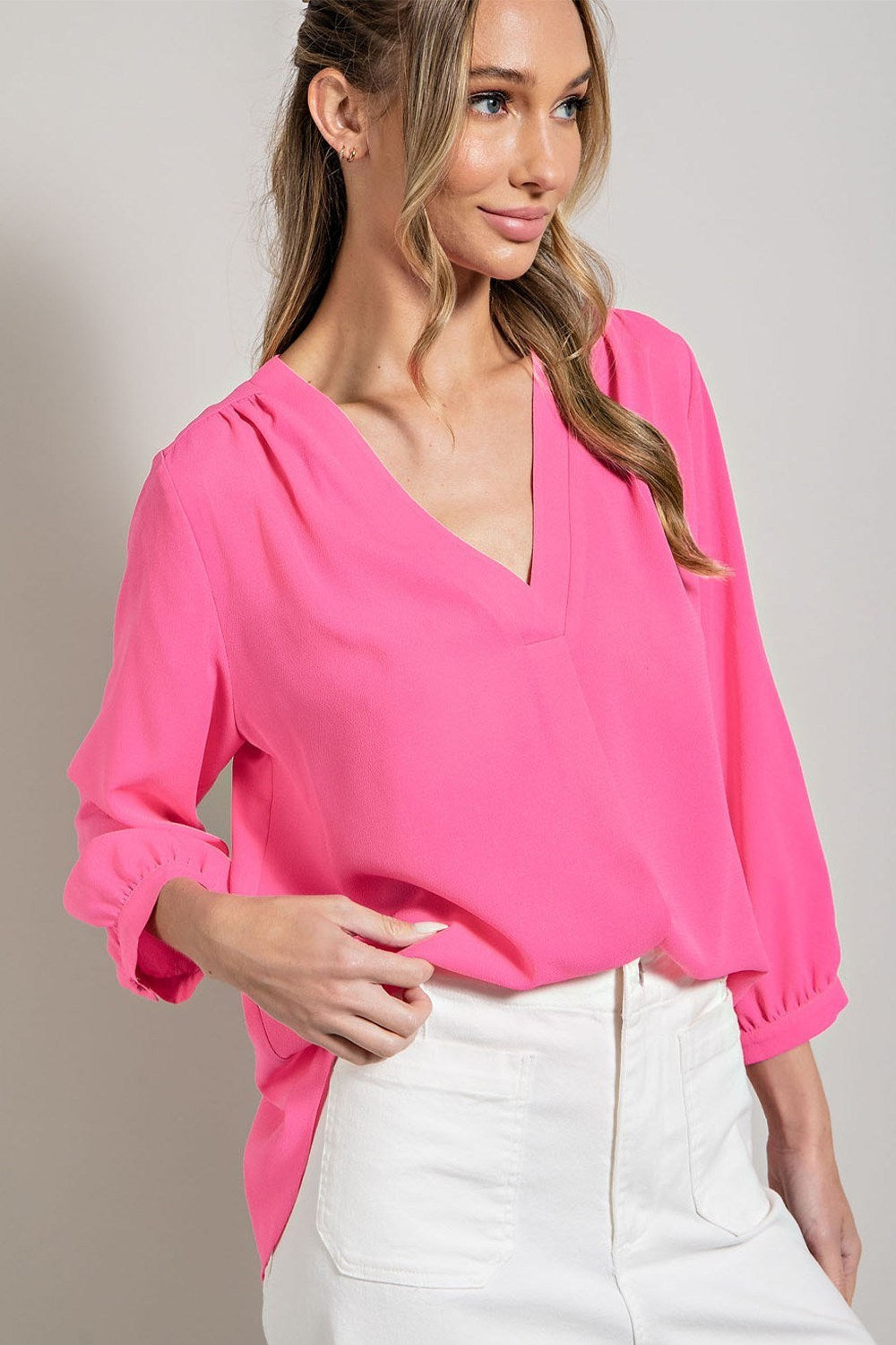 ee:some Long Sleeve V Neck Blouse In Hot Pink-Long Sleeves-ee:some-Deja Nu Boutique, Women's Fashion Boutique in Lampasas, Texas