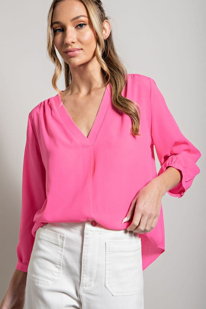 ee:some Long Sleeve V Neck Blouse In Hot Pink-Long Sleeves-ee:some-Deja Nu Boutique, Women's Fashion Boutique in Lampasas, Texas
