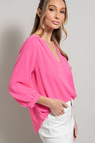 ee:some Long Sleeve V Neck Blouse In Hot Pink-Long Sleeves-ee:some-Deja Nu Boutique, Women's Fashion Boutique in Lampasas, Texas