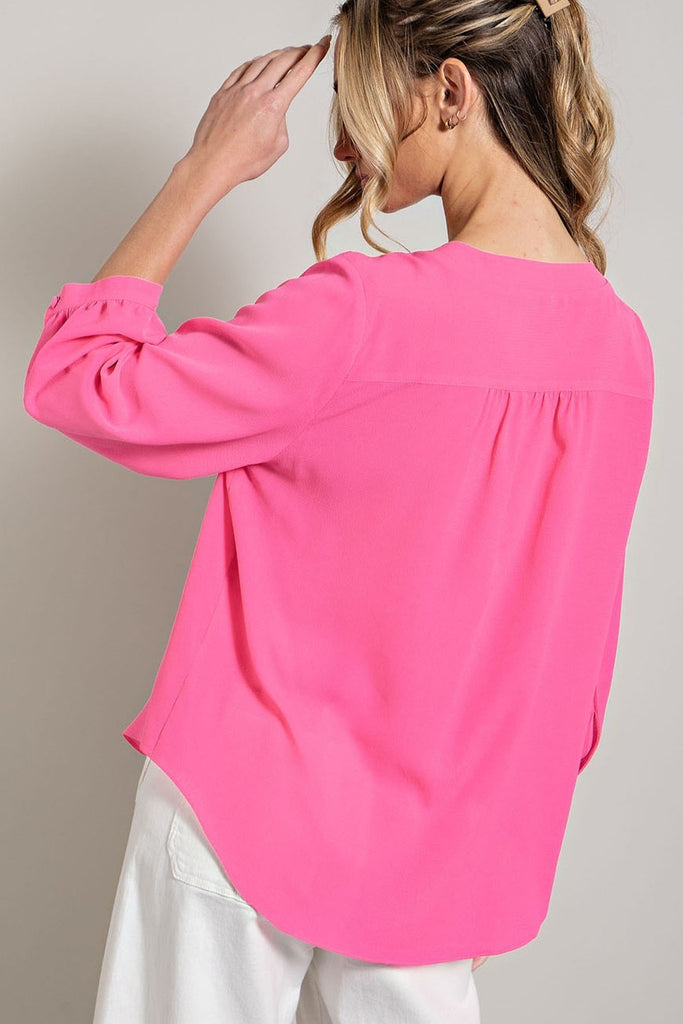 ee:some Long Sleeve V Neck Blouse In Hot Pink-Long Sleeves-ee:some-Deja Nu Boutique, Women's Fashion Boutique in Lampasas, Texas
