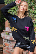 ees:ome Multi Colored Tigers On Black Sweater-Sweaters-ee:some-Deja Nu Boutique, Women's Fashion Boutique in Lampasas, Texas