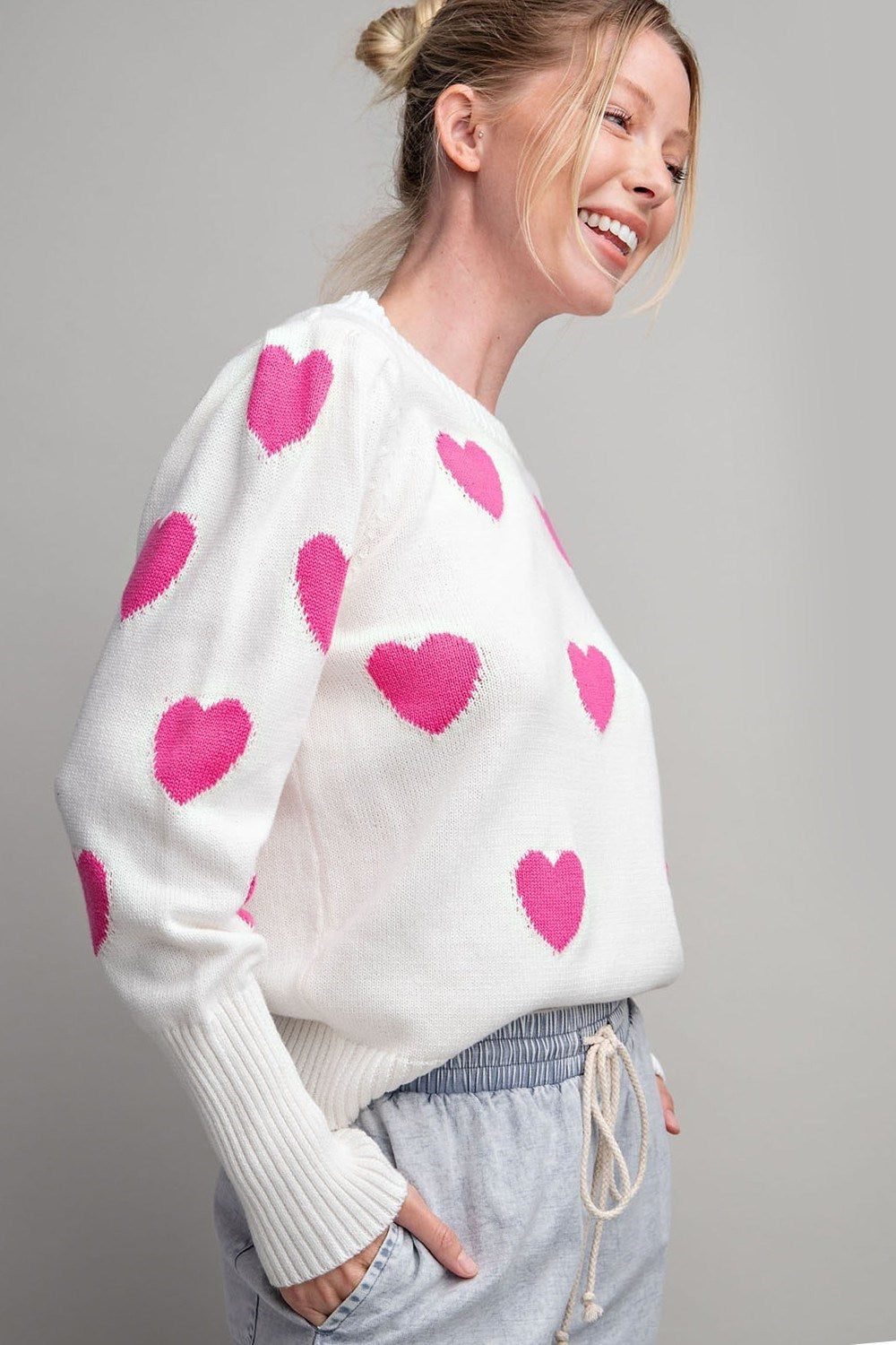 ee:some Off White And Hot Pink Heart Pattern Round Neck Sweater-Graphic Sweaters-ee:some-Deja Nu Boutique, Women's Fashion Boutique in Lampasas, Texas