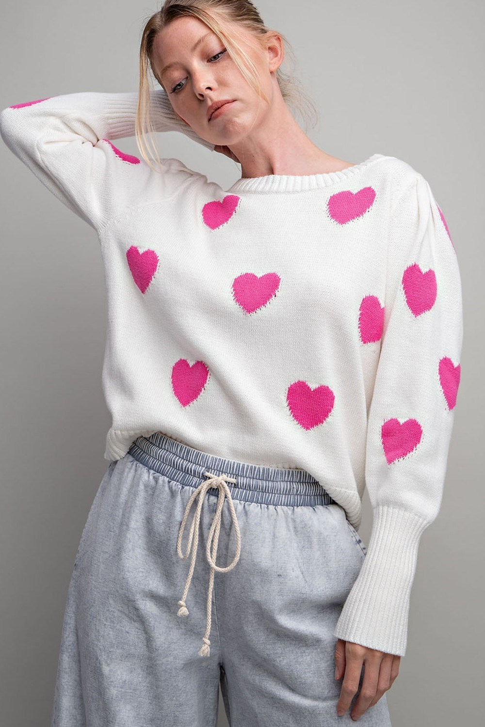 ee:some Off White And Hot Pink Heart Pattern Round Neck Sweater-Graphic Sweaters-ee:some-Deja Nu Boutique, Women's Fashion Boutique in Lampasas, Texas