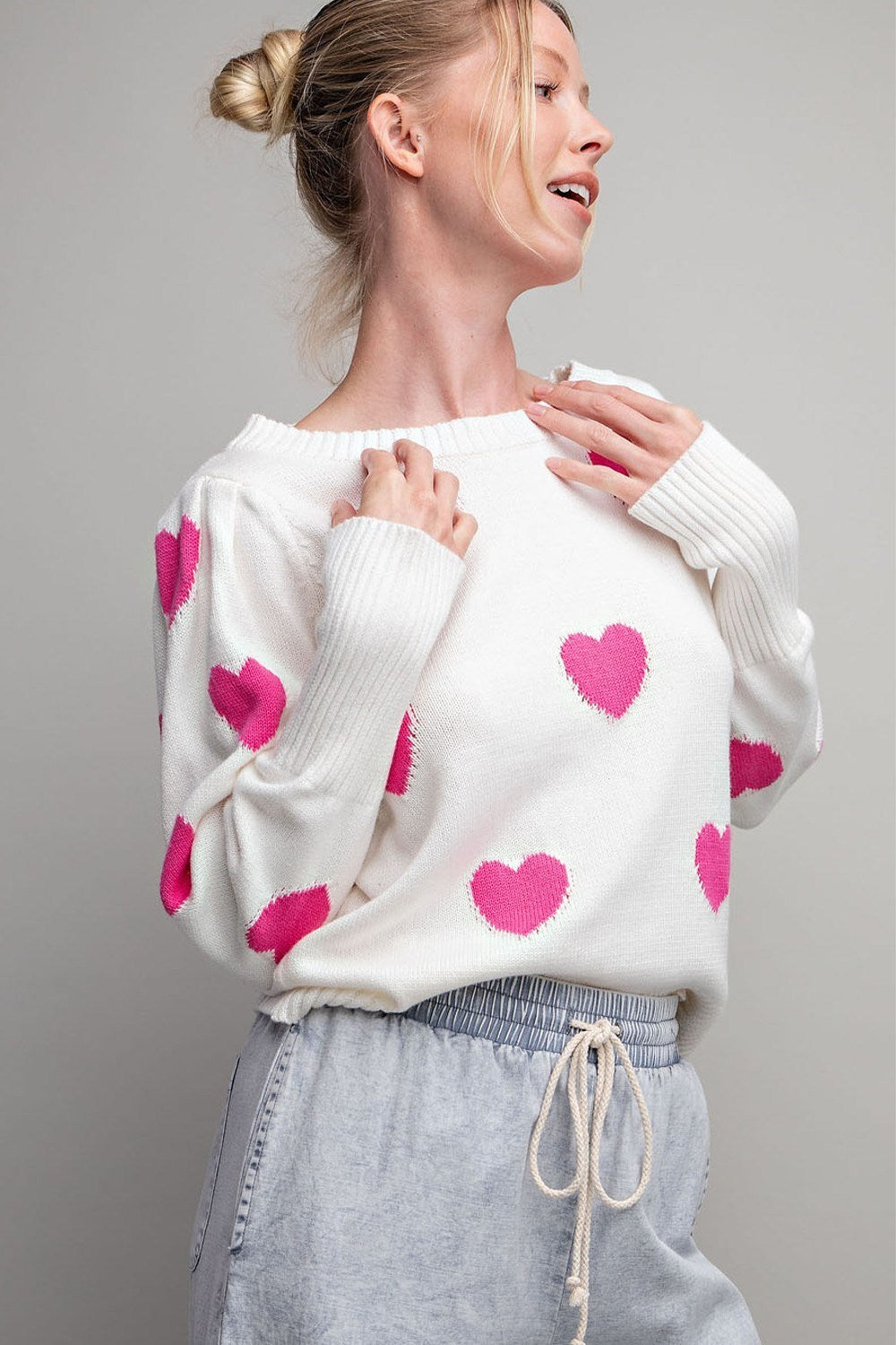 ee:some Off White And Hot Pink Heart Pattern Round Neck Sweater-Graphic Sweaters-ee:some-Deja Nu Boutique, Women's Fashion Boutique in Lampasas, Texas