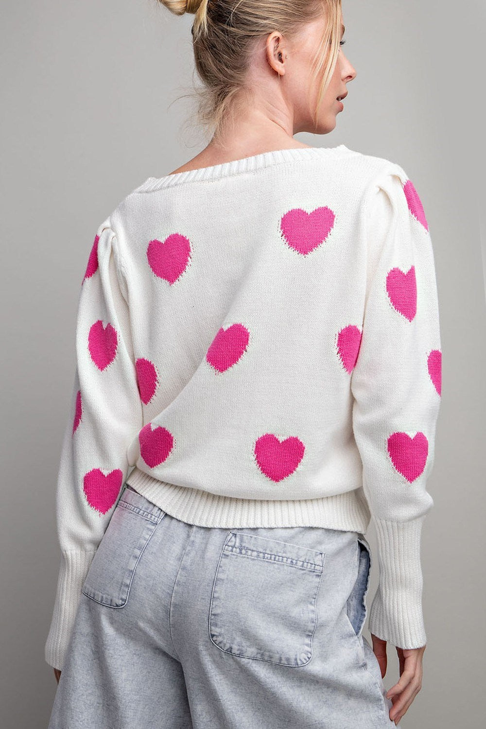 ee:some Off White And Hot Pink Heart Pattern Round Neck Sweater-Graphic Sweaters-ee:some-Deja Nu Boutique, Women's Fashion Boutique in Lampasas, Texas