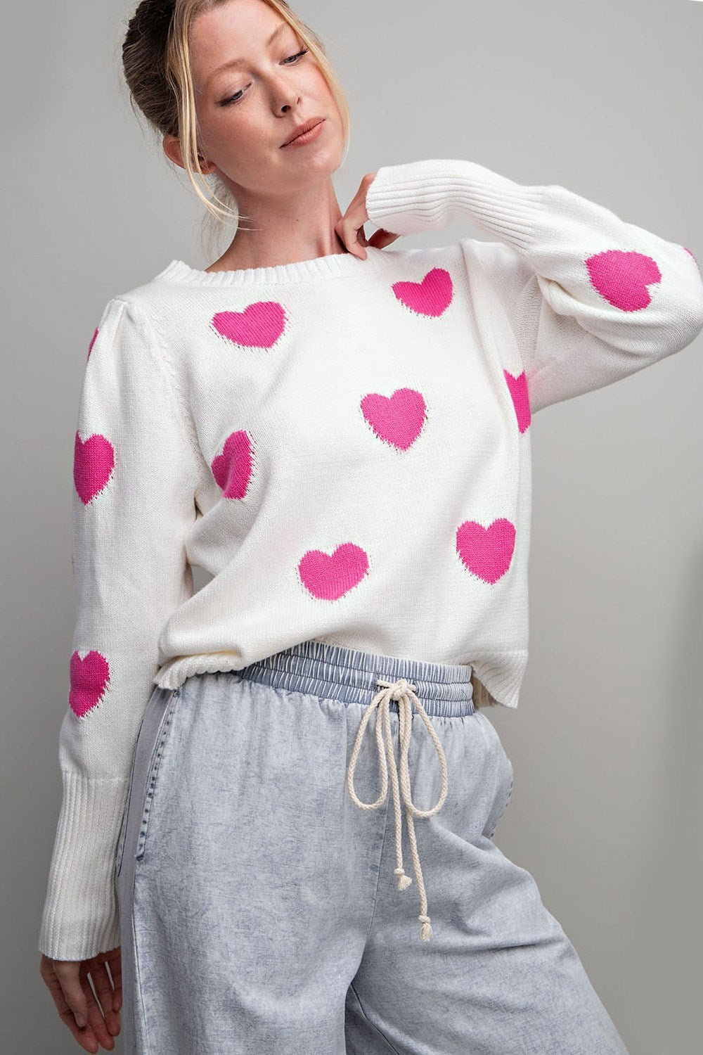 ee:some Off White And Hot Pink Heart Pattern Round Neck Sweater-Graphic Sweaters-ee:some-Deja Nu Boutique, Women's Fashion Boutique in Lampasas, Texas