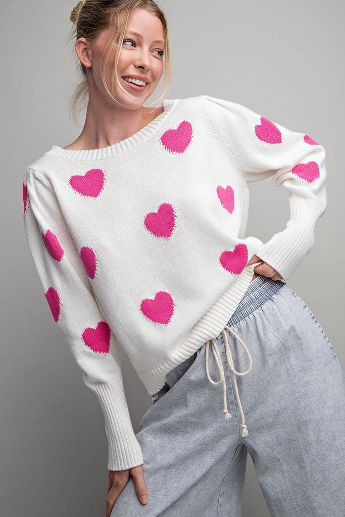 ee:some Off White And Hot Pink Heart Pattern Round Neck Sweater-Graphic Sweaters-ee:some-Deja Nu Boutique, Women's Fashion Boutique in Lampasas, Texas