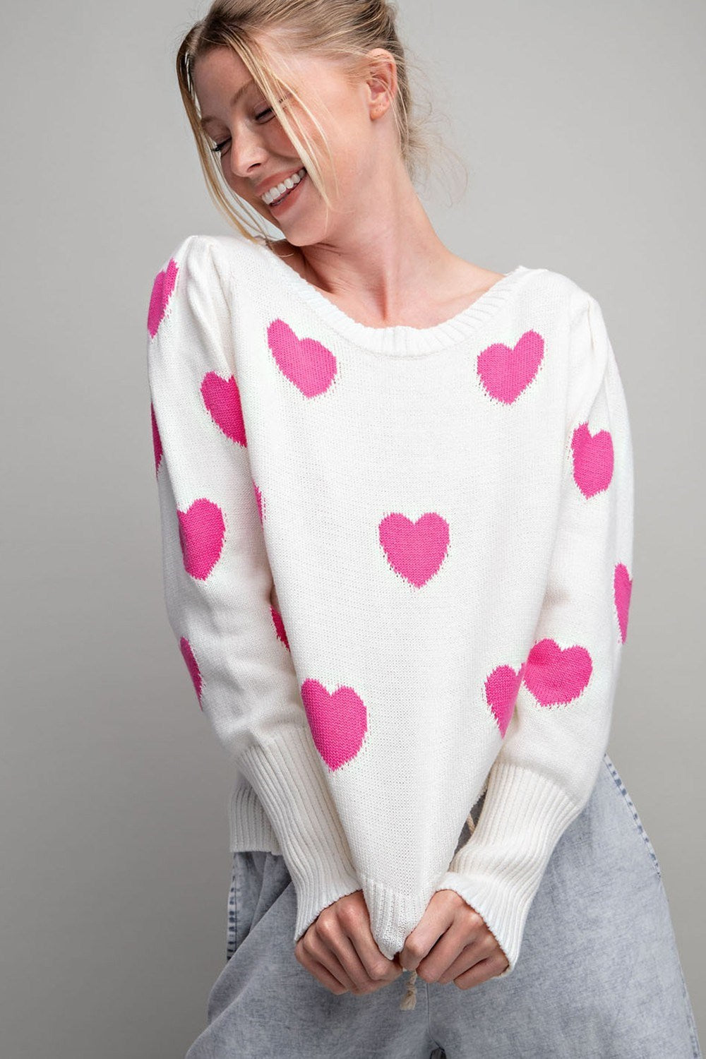 ee:some Off White And Hot Pink Heart Pattern Round Neck Sweater-Graphic Sweaters-ee:some-Deja Nu Boutique, Women's Fashion Boutique in Lampasas, Texas