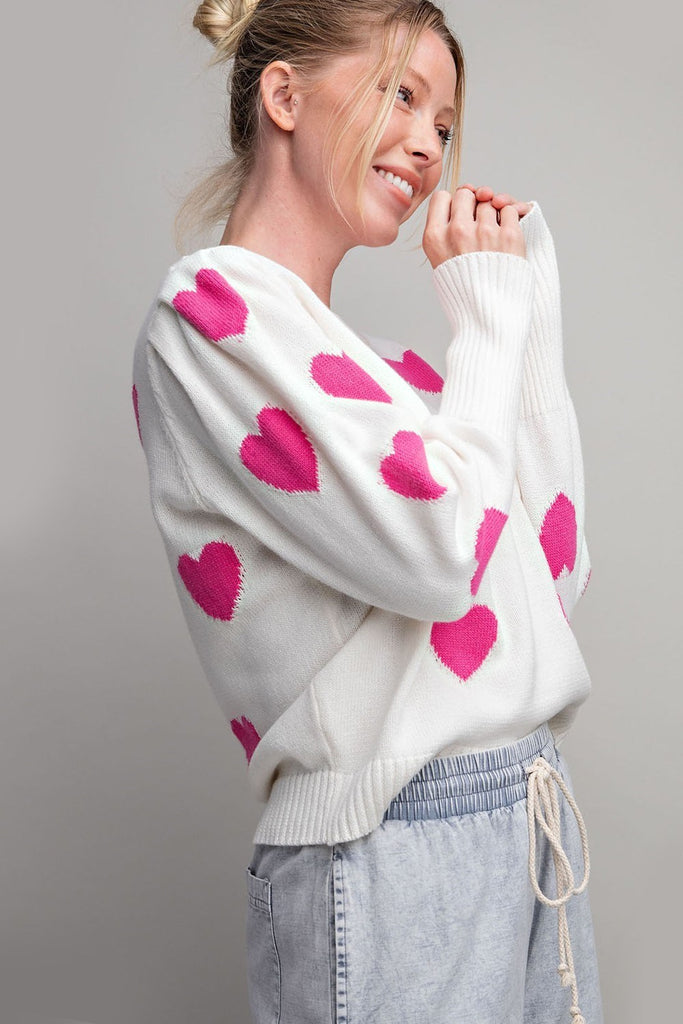 ee:some Off White And Hot Pink Heart Pattern Round Neck Sweater-Graphic Sweaters-ee:some-Deja Nu Boutique, Women's Fashion Boutique in Lampasas, Texas
