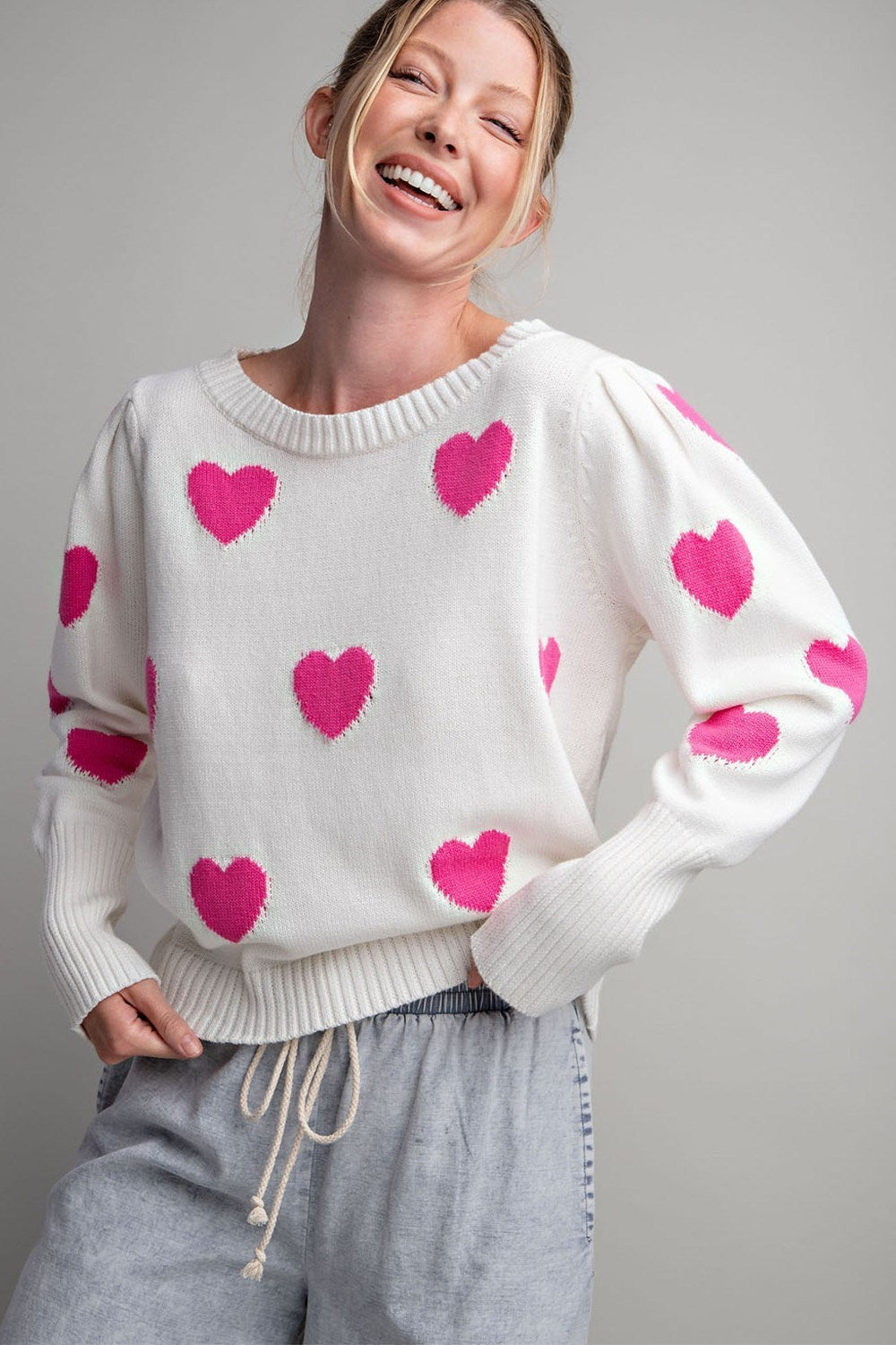 ee:some Off White And Hot Pink Heart Pattern Round Neck Sweater-Graphic Sweaters-ee:some-Deja Nu Boutique, Women's Fashion Boutique in Lampasas, Texas