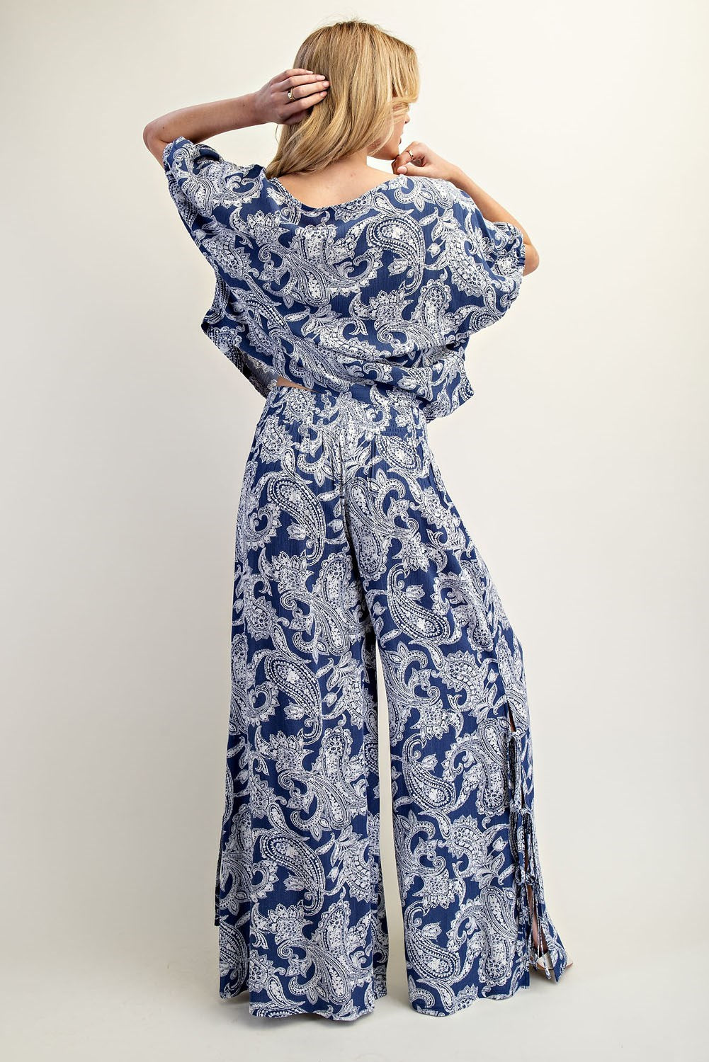 ee:some Paisley Printed Side Tie Wide Leg Pants - Indigo-Pants-ee:some-Deja Nu Boutique, Women's Fashion Boutique in Lampasas, Texas