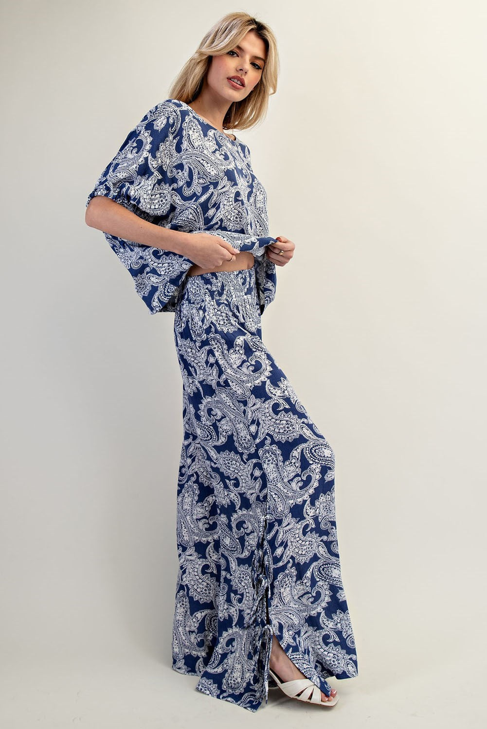 ee:some Paisley Printed Side Tie Wide Leg Pants - Indigo-Pants-ee:some-Deja Nu Boutique, Women's Fashion Boutique in Lampasas, Texas