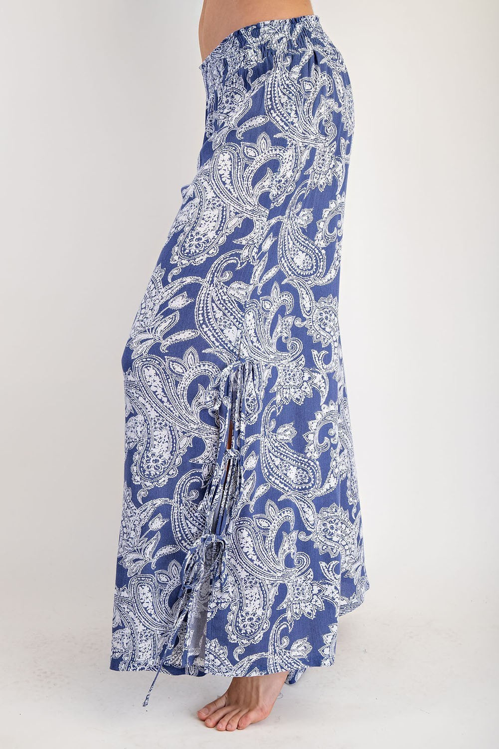 ee:some Paisley Printed Side Tie Wide Leg Pants - Indigo-Pants-ee:some-Deja Nu Boutique, Women's Fashion Boutique in Lampasas, Texas