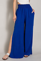 eesome Royal Blue Wide Leg Slit Pants With Smocked Waist-Pants-ee:some-Deja Nu Boutique, Women's Fashion Boutique in Lampasas, Texas