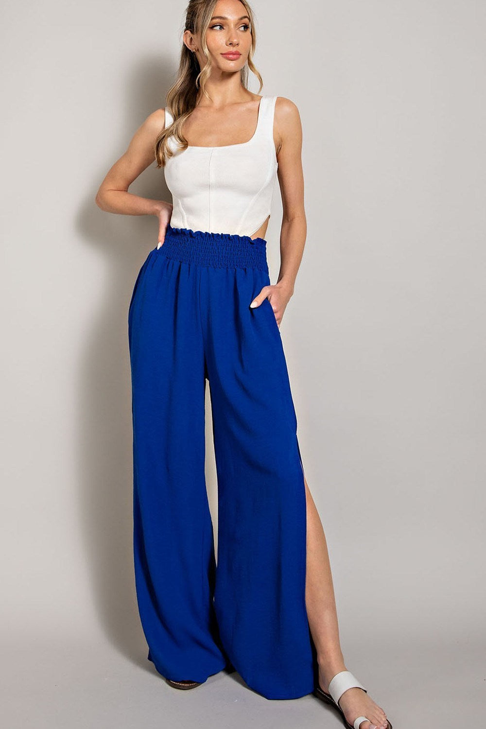 eesome Royal Blue Wide Leg Slit Pants With Smocked Waist-Pants-ee:some-Deja Nu Boutique, Women's Fashion Boutique in Lampasas, Texas