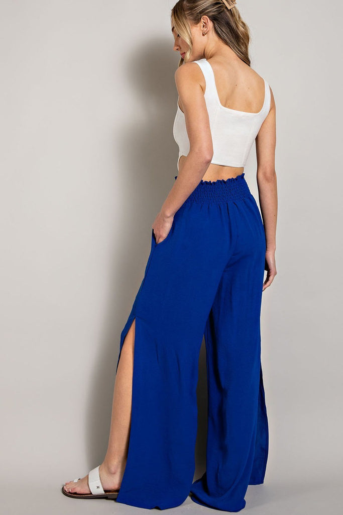 eesome Royal Blue Wide Leg Slit Pants With Smocked Waist-Pants-ee:some-Deja Nu Boutique, Women's Fashion Boutique in Lampasas, Texas
