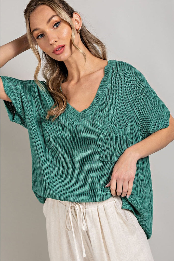 ee:some Sage V-Neck Ribbed Short Sleeve Sweater Top-Sweaters-ee:some-Deja Nu Boutique, Women's Fashion Boutique in Lampasas, Texas