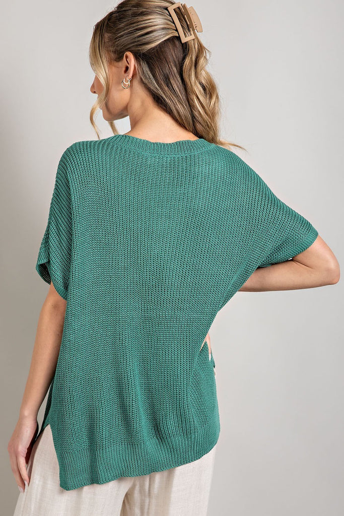 ee:some Sage V-Neck Ribbed Short Sleeve Sweater Top-Sweaters-ee:some-Deja Nu Boutique, Women's Fashion Boutique in Lampasas, Texas