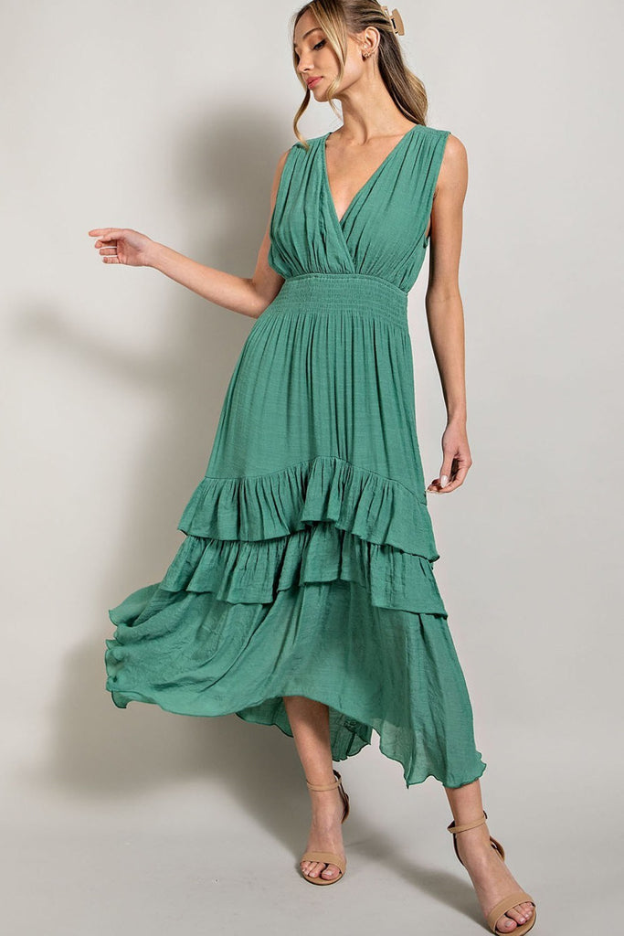 ee:some Smocked Ruffle Maxi Dress In Sage-Maxi Dresses-ee:some-Deja Nu Boutique, Women's Fashion Boutique in Lampasas, Texas