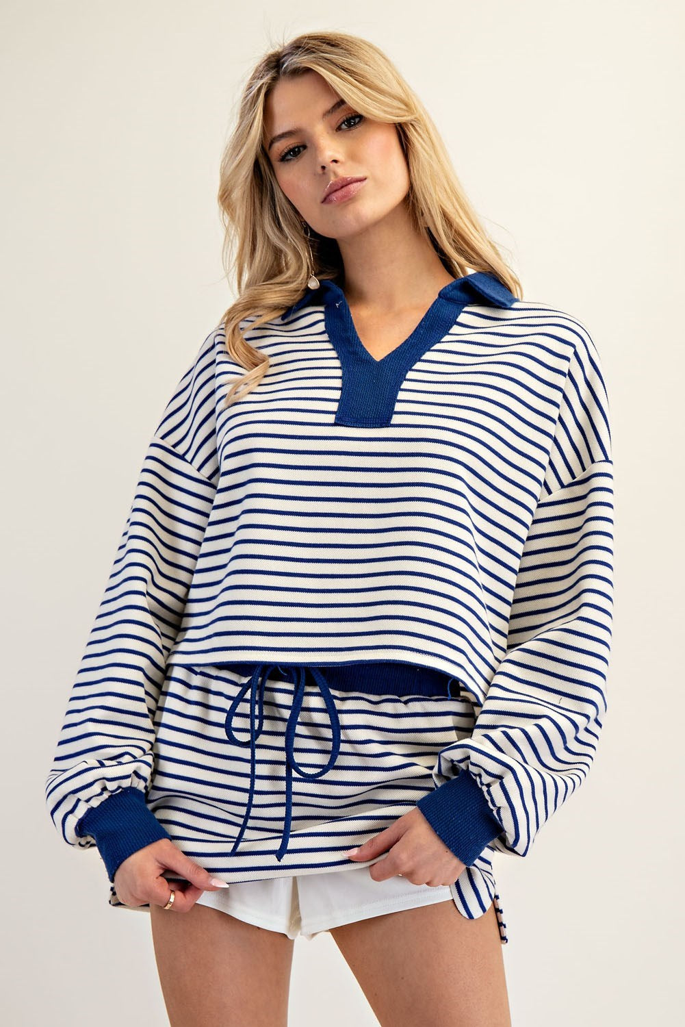 ee:some Striped Cropped Collared Knit Sweater - Royal Blue & White-Sweaters-ee:some-Deja Nu Boutique, Women's Fashion Boutique in Lampasas, Texas