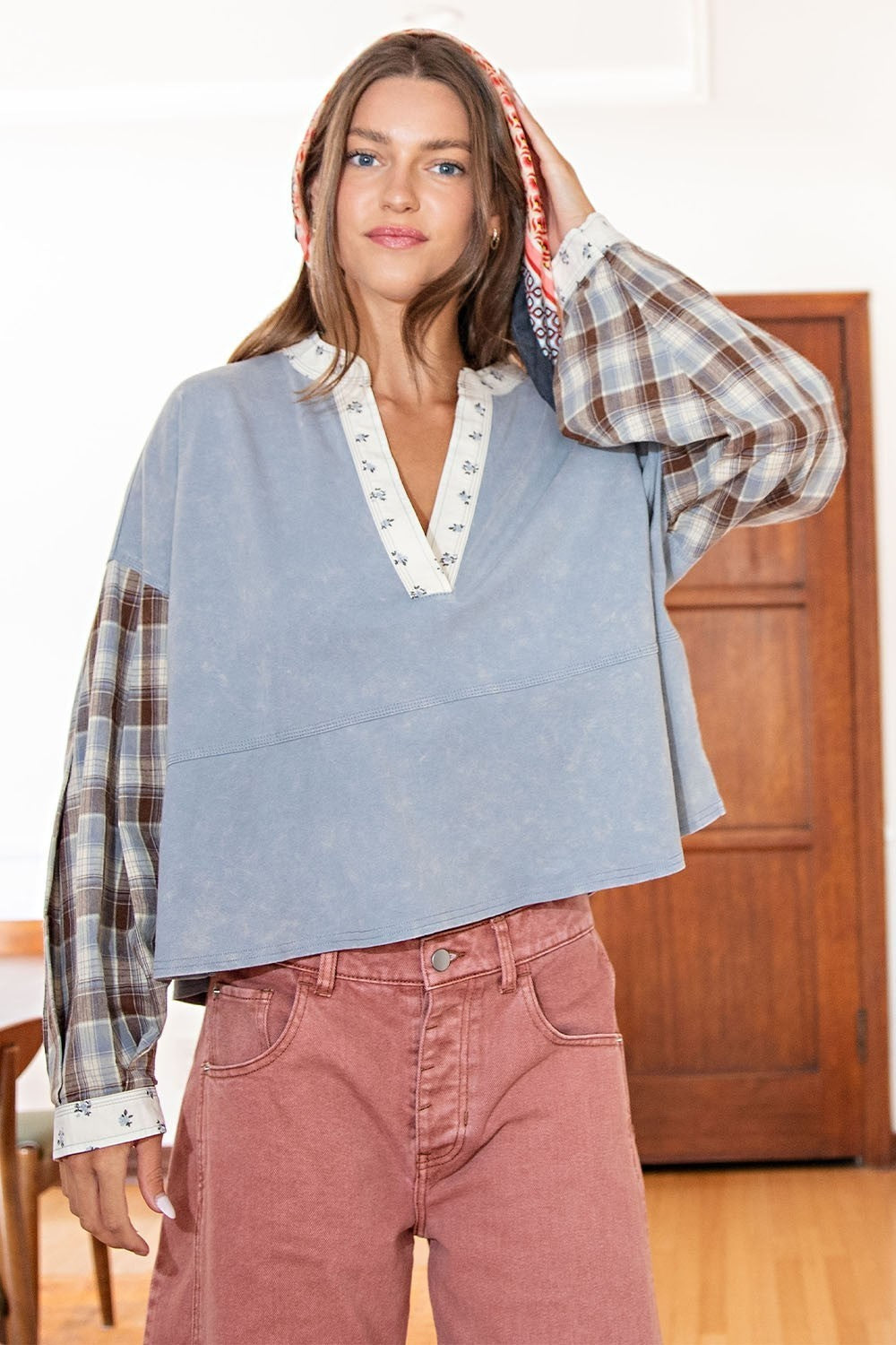 ee:some Mineral Washed Floral Trim Plaid Contrast Top-Tops-ee:some-Deja Nu Boutique, Women's Fashion Boutique in Lampasas, Texas