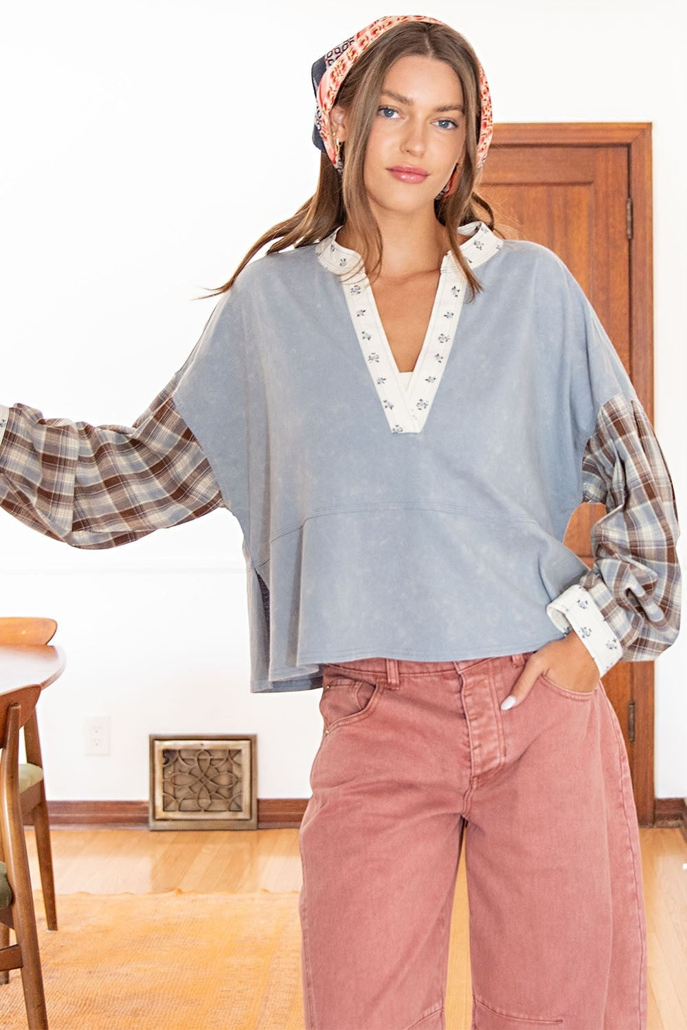 ee:some Mineral Washed Floral Trim Plaid Contrast Top-Tops-ee:some-Deja Nu Boutique, Women's Fashion Boutique in Lampasas, Texas