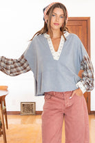 ee:some Mineral Washed Floral Trim Plaid Contrast Top-Tops-ee:some-Deja Nu Boutique, Women's Fashion Boutique in Lampasas, Texas