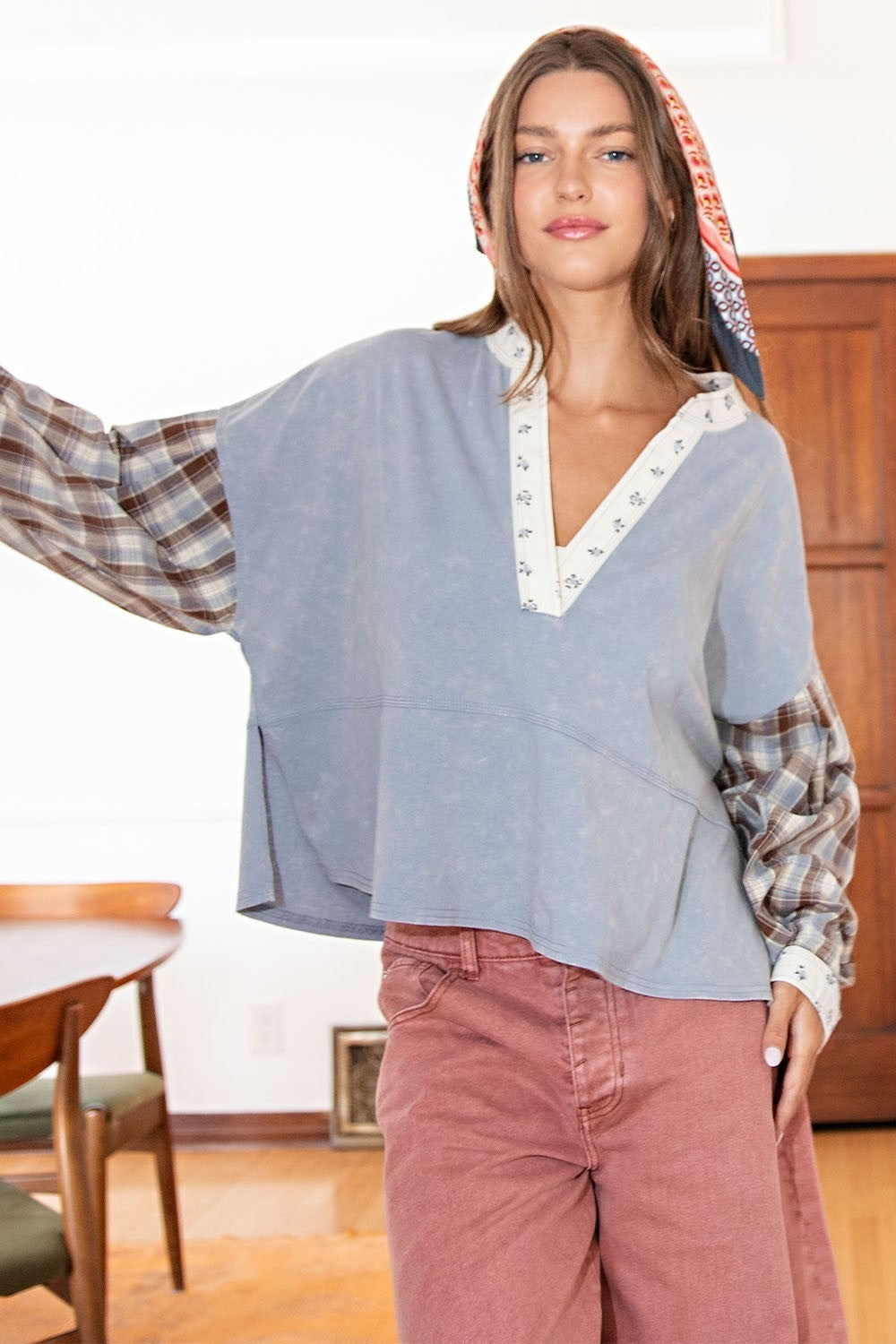 ee:some Mineral Washed Floral Trim Plaid Contrast Top-Tops-ee:some-Deja Nu Boutique, Women's Fashion Boutique in Lampasas, Texas