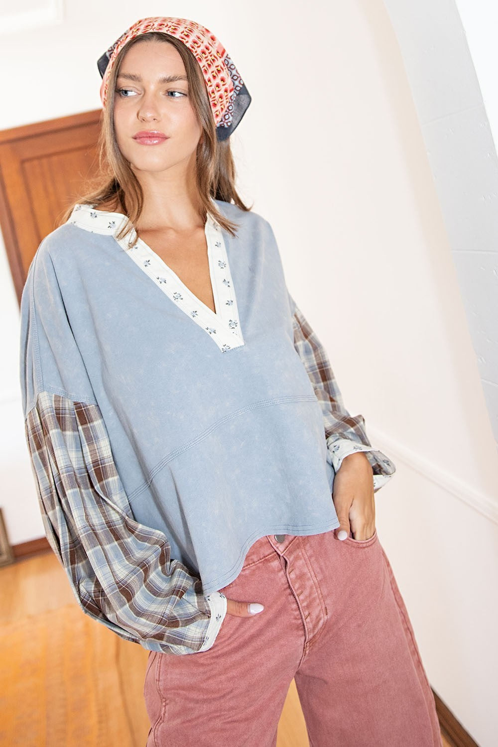 ee:some Mineral Washed Floral Trim Plaid Contrast Top-Tops-ee:some-Deja Nu Boutique, Women's Fashion Boutique in Lampasas, Texas