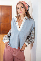 ee:some Mineral Washed Floral Trim Plaid Contrast Top-Tops-ee:some-Deja Nu Boutique, Women's Fashion Boutique in Lampasas, Texas