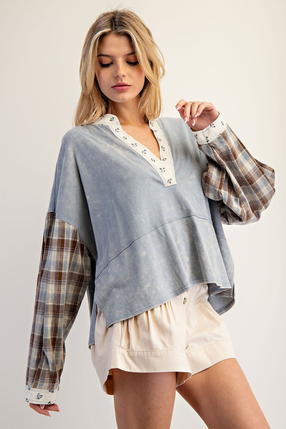 ee:some Mineral Washed Floral Trim Plaid Contrast Top-Tops-ee:some-Deja Nu Boutique, Women's Fashion Boutique in Lampasas, Texas