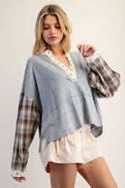 ee:some Mineral Washed Floral Trim Plaid Contrast Top-Tops-ee:some-Deja Nu Boutique, Women's Fashion Boutique in Lampasas, Texas