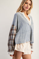ee:some Mineral Washed Floral Trim Plaid Contrast Top-Tops-ee:some-Deja Nu Boutique, Women's Fashion Boutique in Lampasas, Texas