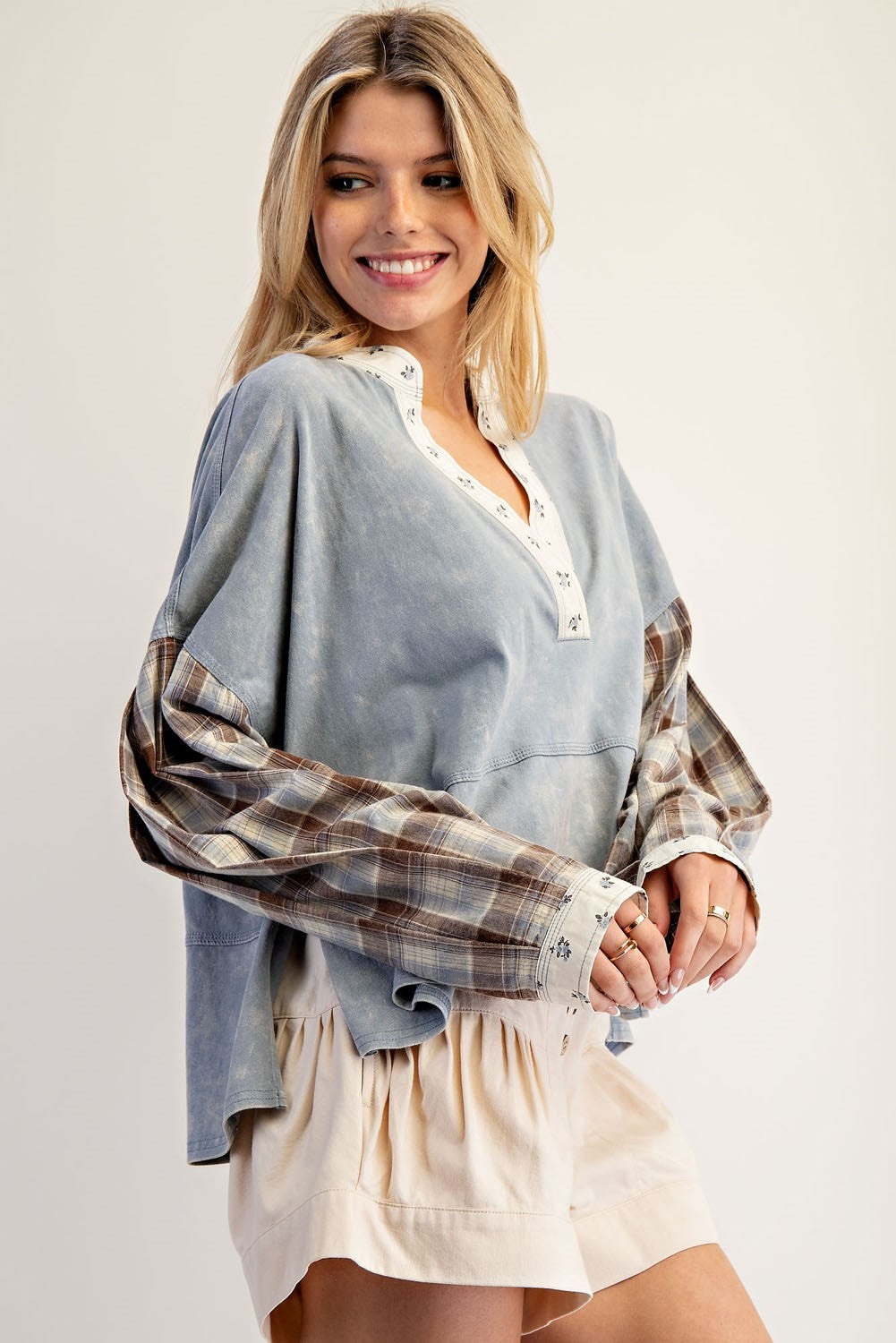 ee:some Mineral Washed Floral Trim Plaid Contrast Top-Tops-ee:some-Deja Nu Boutique, Women's Fashion Boutique in Lampasas, Texas