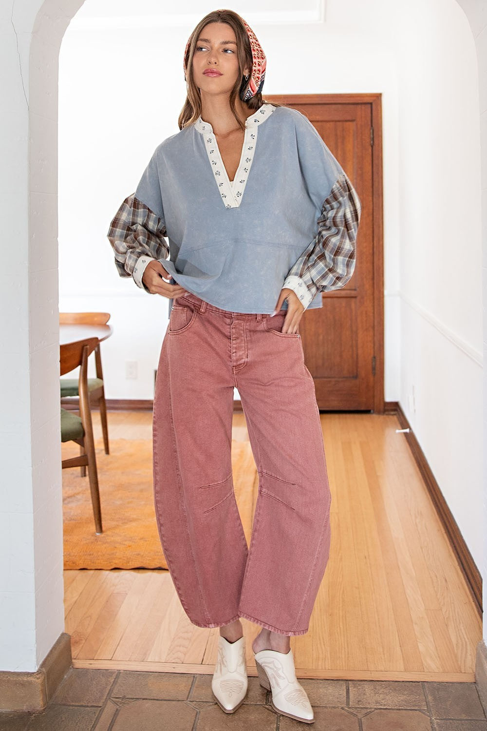ee:some Mineral Washed Floral Trim Plaid Contrast Top-Tops-ee:some-Deja Nu Boutique, Women's Fashion Boutique in Lampasas, Texas