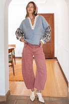 ee:some Mineral Washed Floral Trim Plaid Contrast Top-Tops-ee:some-Deja Nu Boutique, Women's Fashion Boutique in Lampasas, Texas