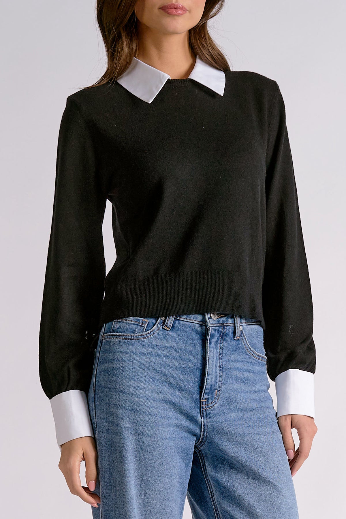 Elan Black Contrast Collar & Cuff Sweater-Sweaters-elan-Deja Nu Boutique, Women's Fashion Boutique in Lampasas, Texas