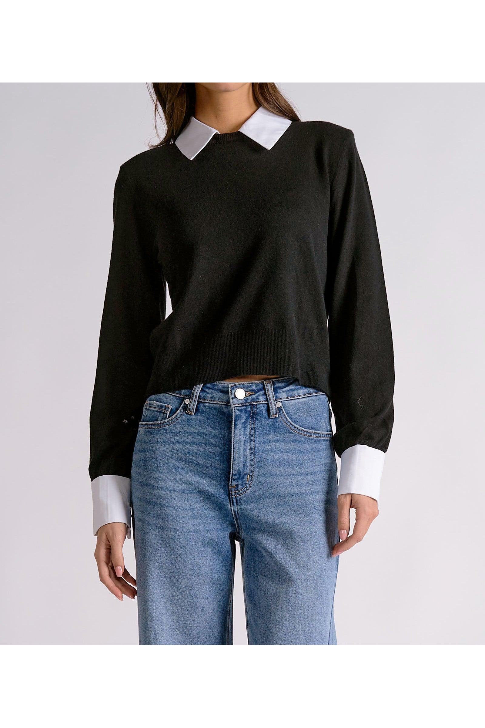 Elan Black Contrast Collar & Cuff Sweater-Sweaters-elan-Deja Nu Boutique, Women's Fashion Boutique in Lampasas, Texas