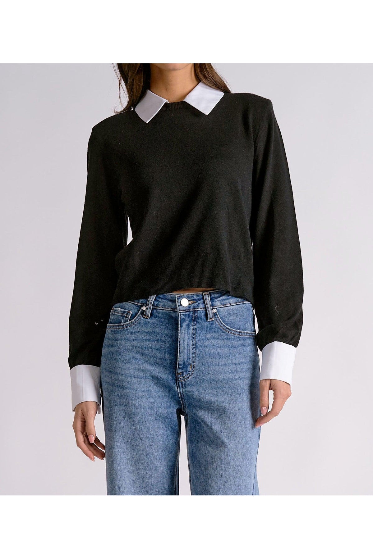 Elan Black Contrast Collar & Cuff Sweater-Sweaters-elan-Deja Nu Boutique, Women's Fashion Boutique in Lampasas, Texas