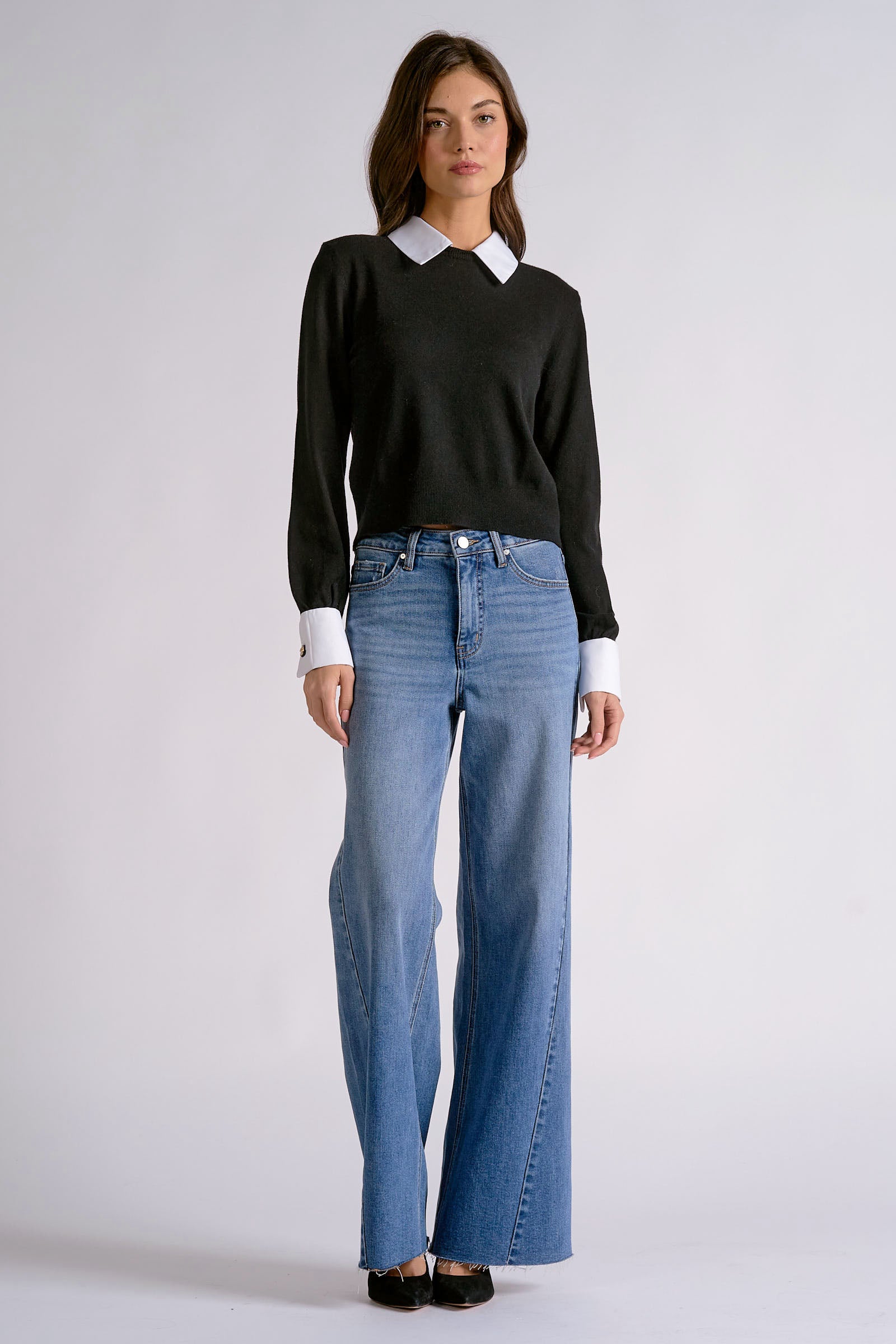 Elan Black Contrast Collar & Cuff Sweater-Sweaters-elan-Deja Nu Boutique, Women's Fashion Boutique in Lampasas, Texas