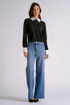 Elan Black Contrast Collar & Cuff Sweater-Sweaters-elan-Deja Nu Boutique, Women's Fashion Boutique in Lampasas, Texas