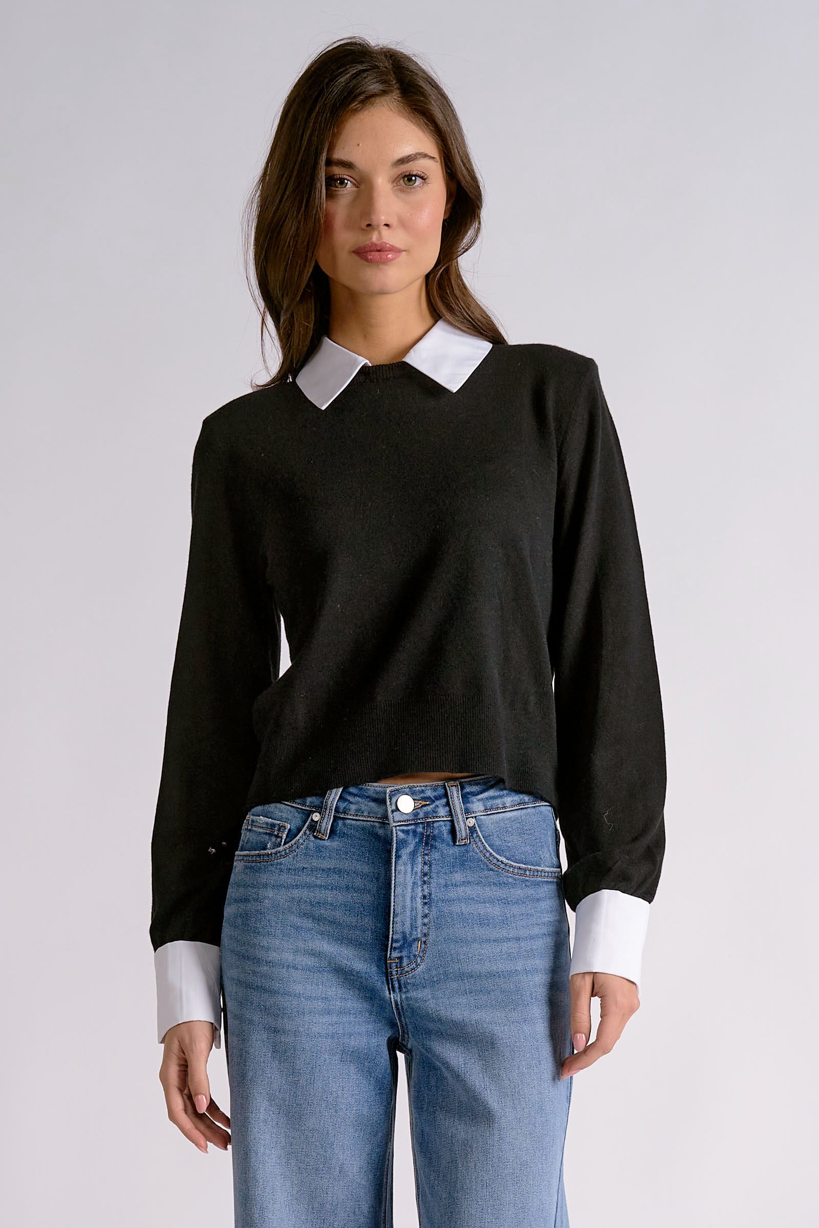 Elan Black Contrast Collar & Cuff Sweater-Sweaters-elan-Deja Nu Boutique, Women's Fashion Boutique in Lampasas, Texas