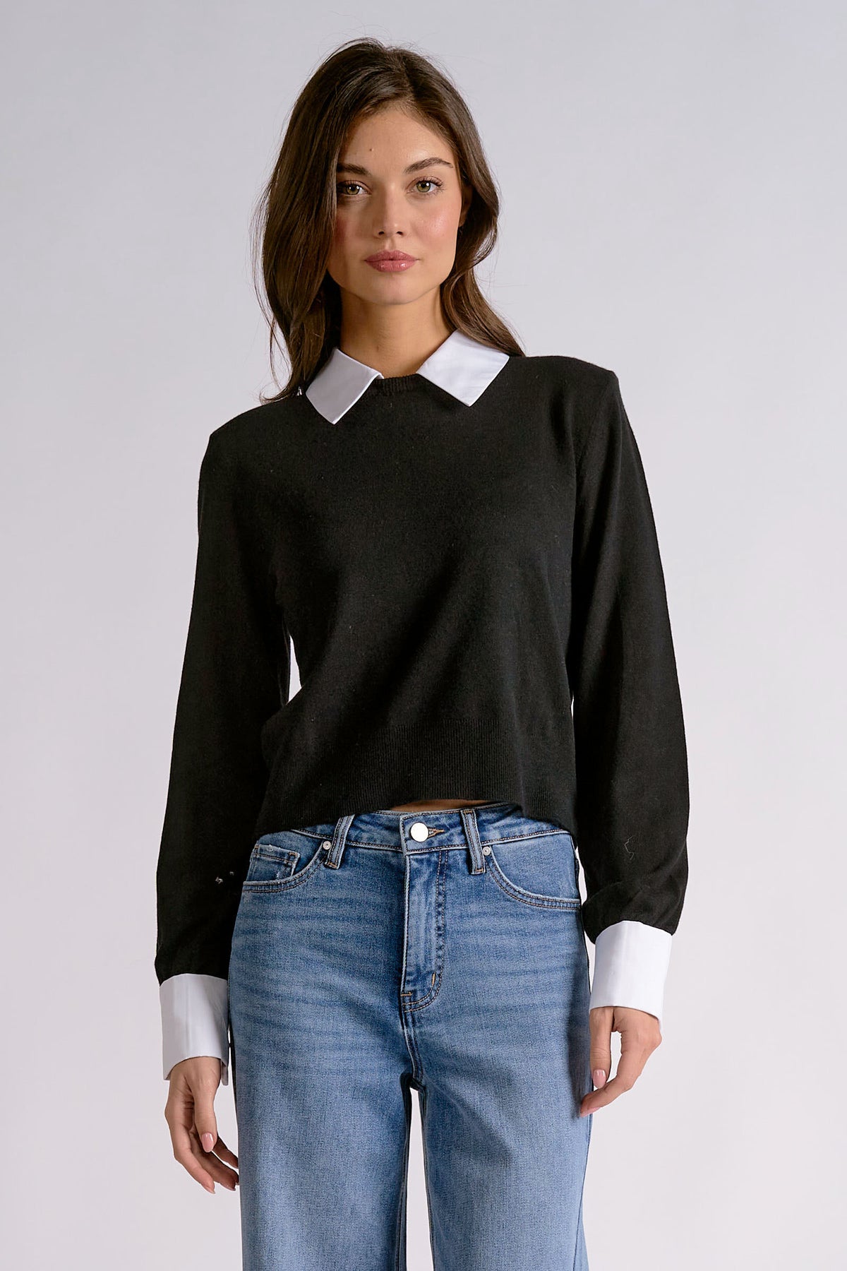 Elan Black Contrast Collar & Cuff Sweater-Sweaters-elan-Deja Nu Boutique, Women's Fashion Boutique in Lampasas, Texas