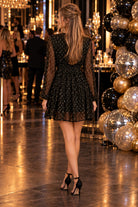 Elan Black Gold Lurex Long Sleeve Mini Dress-mini dress-elan-Deja Nu Boutique, Women's Fashion Boutique in Lampasas, Texas