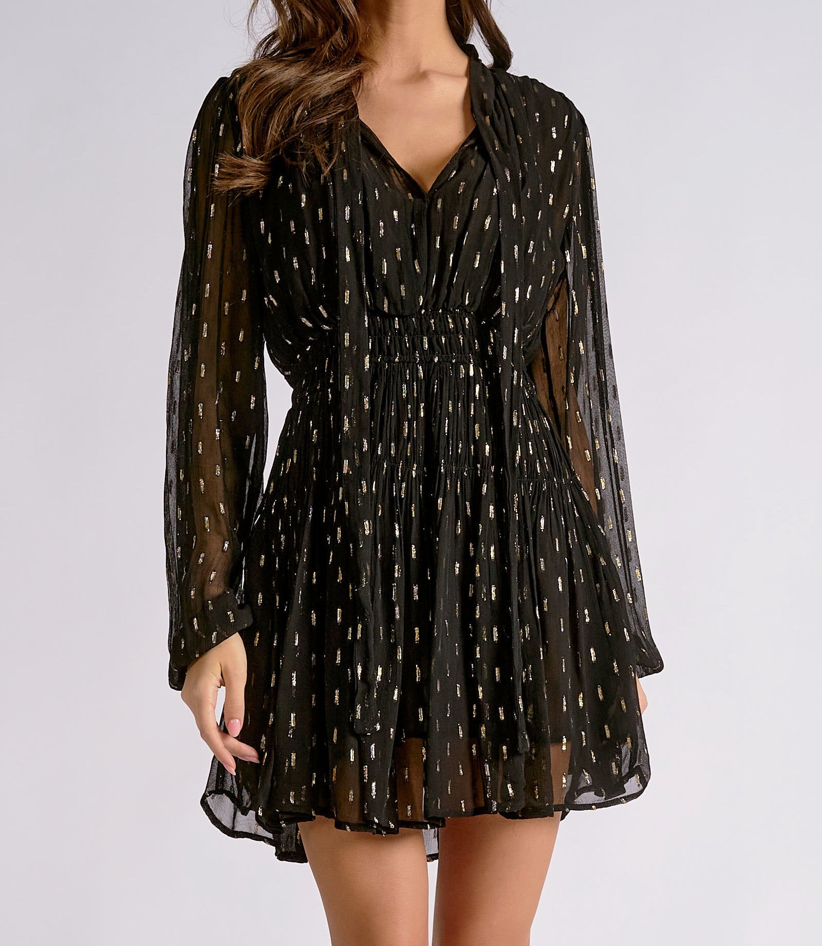 Elan Black Gold Lurex Long Sleeve Mini Dress-mini dress-elan-Deja Nu Boutique, Women's Fashion Boutique in Lampasas, Texas
