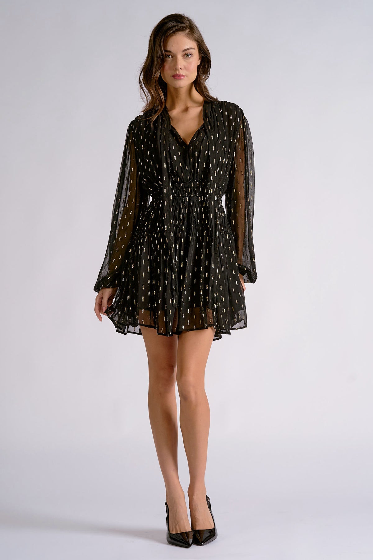 Elan Black Gold Lurex Long Sleeve Mini Dress-mini dress-elan-Deja Nu Boutique, Women's Fashion Boutique in Lampasas, Texas