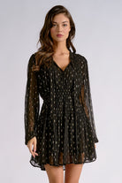 Elan Black Gold Lurex Long Sleeve Mini Dress-mini dress-elan-Deja Nu Boutique, Women's Fashion Boutique in Lampasas, Texas